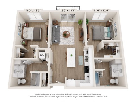Floor plan for 2 beds, 2 baths, 940 sqft